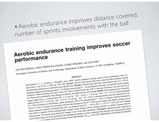 •Aerobic endurance improves distance covered,
number of sprints, involvements with the ball
 