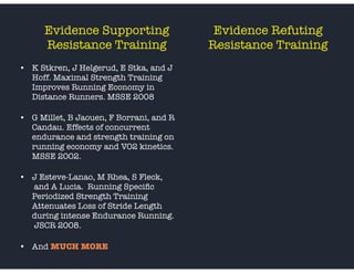 Evidence Supporting
Resistance Training
• K Stkren, J Helgerud, E Stka, and J
Hoff. Maximal Strength Training
Improves Running Economy in
Distance Runners. MSSE 2008
• G Millet, B Jaouen, F Borrani, and R
Candau. Effects of concurrent
endurance and strength training on
running economy and VO2 kinetics.
MSSE 2002.
• J Esteve-Lanao, M Rhea, S Fleck,
 and A Lucia.  Running Speciﬁc
Periodized Strength Training
Attenuates Loss of Stride Length
during intense Endurance Running.
 JSCR 2008.
• And MUCH MORE
Evidence Refuting
Resistance Training
 