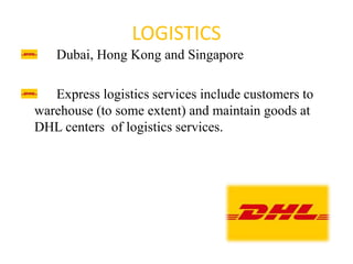 LOGISTICS
Dubai, Hong Kong and Singapore
Express logistics services include customers to
warehouse (to some extent) and maintain goods at
DHL centers of logistics services.
 