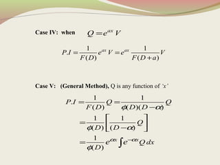 Case IV: when
Case V: (General Method), Q is any function of ‘x’
ax
Q e V=
1 1
.
( ) ( )
ax ax
P I e V e V
F D F D a
= =
+
1 1
.
( ) ( )( )
1 1
( ) ( )
1
( )
x x
P I Q Q
F D D D
Q
D D
Q dx
D
e eα α
φ α
φ α
φ
−
= =
−
 
=  − 
= ∫
 