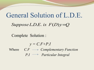 General Solution of L.D.E.
Complete Solution :
y = C.F+P.I
Where C.F Complementary Function
P.I Particular Integral
. . . ( )Suppose L D E is F D y Q=
 