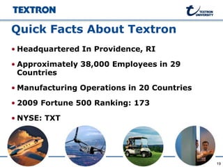 Quick Facts About Textron
• Headquartered In Providence, RI

• Approximately 38,000 Employees in 29
  Countries

• Manufacturing Operations in 20 Countries

• 2009 Fortune 500 Ranking: 173

• NYSE: TXT




                                             19
 