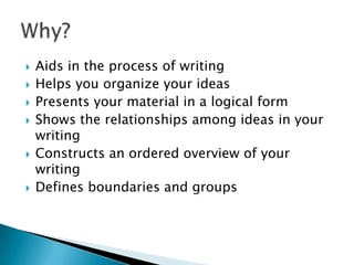    Aids in the process of writing
   Helps you organize your ideas
   Presents your material in a logical form
   Shows the relationships among ideas in your
    writing
   Constructs an ordered overview of your
    writing
   Defines boundaries and groups
 