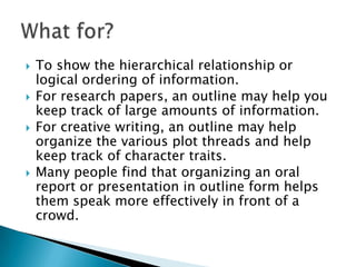    To show the hierarchical relationship or
    logical ordering of information.
   For research papers, an outline may help you
    keep track of large amounts of information.
   For creative writing, an outline may help
    organize the various plot threads and help
    keep track of character traits.
   Many people find that organizing an oral
    report or presentation in outline form helps
    them speak more effectively in front of a
    crowd.
 