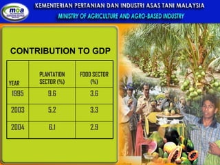 CONTRIBUTION TO GDP YEAR PLANTATION SECTOR (%) FOOD SECTOR (%) 1995 9.6 3.6 2003 5.2 3.3 2004 6.1 2.9 