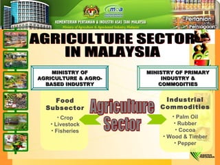 AGRICULTURE SECTOR  IN MALAYSIA Food Subsector Crop Livestock Fisheries Industrial Commodities Palm Oil Rubber Cocoa Wood & Timber Pepper Agriculture  Sector MINISTRY OF AGRICULTURE & AGRO-BASED INDUSTRY MINISTRY OF PRIMARY INDUSTRY & COMMODITIES 