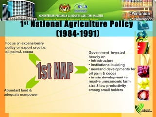 1 st  National Agriculture Policy  (1984-1991) Focus on expansionary policy on export crop i.e. oil palm & cocoa Abundant land & adequate manpower Government  invested heavily on  infrastructure institutional building new land developments for oil palm & cocoa in-situ  development to resolve uneconomic farm size & low productivity among small holders 1st NAP 