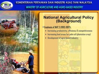 Emphasis of NAP 2 (1992-1997):  Increasing productivity, efficiency & competitiveness Increasing land areas for palm oil (plantation crop) Development of agro-based industry National Agricultural Policy (Background) 