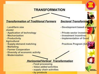 TRANSFORMATION Transformation of Traditional Farmers   Sectoral Transformation Land/farm size - Development based on zoning/ cluster Application of technology - Private sector investment Mechanization - Investment incentives Productivity - Implementation of Good Agricultural  Supply-demand matching     Practices Program (GAP) Marketing Farmer Cooperation Diversity of economic activity Modernization Horizontal/Vertical  Transformation   - Food processing    -  Value added  activities   -  supply chain  activities    -  by products 