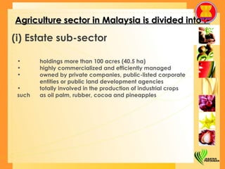 Agriculture sector in Malaysia is divided into :- (i) Estate sub-sector holdings more than 100 acres (40.5 ha) highly commercialized and efficiently managed owned by private companies, public-listed corporate  entities or public land development agencies totally involved in the production of industrial crops such  as oil palm, rubber, cocoa and pineapples 