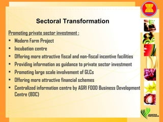 Sectoral Transformation   Promoting private sector investment : Modern Farm Project Incubation centre Offering more attractive fiscal and non-fiscal incentive facilities  Providing information as guidance to private sector investment Promoting large scale involvement of GLCs Offering more attractive financial schemes Centralized information centre by AGRI FOOD Business Development Centre (BDC) 