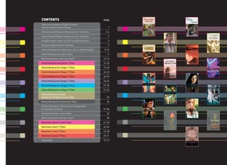 CONTENTS                                            PAGE
Take your students’ English further
with an Oxford Graded Reader                           1
Oxford Graded Readers Resources for Teachers          2-4
Oxford Graded Readers Resources for Students           5
Graded reader levels for ESO and Bachillerato          6
Oxford Graded Readers Syllabus                         7
Oxford Bookworms: Read your way to better English    8-10
Oxford Bookworms Level Index                          11
Which Bookworm will you read?                       12-13
Oxford Bookworms Starter Titles                     14-18
Oxford Bookworms Stage 1 Titles                     19-25
Oxford Bookworms Stage 2 Titles                     26-33
Oxford Bookworms Stage 3 Titles                     34-39
Oxford Bookworms Stage 4 Titles                     40-46
Oxford Bookworms Stage 5 Titles                     47-50
Oxford Bookworms Stage 6 Titles                     51-54
Oxford Bookworms Club:
Stories for Reading Circle Titles                     55
Oxford Bookworms Collection Titles                    56
Oxford Dominoes: The structured approach
to reading in English                               57-58
Oxford Dominoes Level Index                           59
Which Dominoes will you read?                         60
Dominoes Starter Level Titles                       61-63
Dominoes Level 1 Titles                             64-66
Dominoes Level 2 Titles                             67-68
Dominoes Level 3 Titles                             69-71
Title Index                                         72-73
 