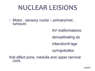 4/5/2014
NUCLEAR LEISIONS
• Motor , sensory nuclei – primary/met .
tumours
AV malformations
demyelinating ds
infarction/h’age
syringobulbia
that affect pons, medulla and upper cervical
cord.
 