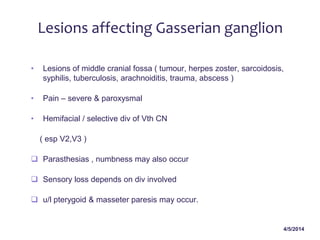 4/5/2014
Lesions affecting Gasserian ganglion
• Lesions of middle cranial fossa ( tumour, herpes zoster, sarcoidosis,
syphilis, tuberculosis, arachnoiditis, trauma, abscess )
• Pain – severe & paroxysmal
• Hemifacial / selective div of Vth CN
( esp V2,V3 )
 Parasthesias , numbness may also occur
 Sensory loss depends on div involved
 u/l pterygoid & masseter paresis may occur.
 