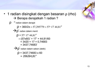 1 radian disingkat dengan besaran   (rho)    Berapa derajatkah 1 radian ?      radian dalam derajat          = 360/2    ’  ”     ’   radian dalam menit    =     ’  ”  (57x60)’ + 17’ + 44,81/60 = 3420 + 17 + 0,74683 = 3437,74683’     ’   radian dalam sekon (detik)    = 3437,74683 x 60 = 206264,81”   