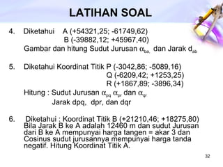 LATIHAN SOAL 4.  Diketahui  A (+54321,25; -61749,62)   B (-39882,12; +45967,40) Gambar dan hitung Sudut Jurusan   ba,  dan Jarak d ab Diketahui Koordinat Titik P (-3042,86; -5089,16)   Q (-6209,42; +1253,25)   R (+1867,89; -3896,34) Hitung : Sudut Jurusan   pq    pr  dan   qr   Jarak dpq,  dpr, dan dqr   6.  Diketahui : Koordinat Titik B (+21210,46; +18275,80) Bila Jarak B ke A adalah 12460 m dan sudut Jurusan dari B ke A mempunyai harga tangen = akar 3 dan Cosinus sudut jurusannya mempunyai harga tanda negatif. Hitung Koordinat Titik A.  