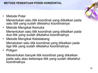 METODE PENENTUAN POSISI HORIZONTAL Metode Polar Menentukan satu titik koordinat yang diikatkan pada satu titik yang sudah diketahui koordinatnya Metode Mengikat Kemuka Menentukan satu titik koordinat yang diikatkan pada dua titik yang sudah diketahui koordinatnya Metode Mengikat Kebelakang Menetukan satu titik koordinat yang diikatkan pada tiga titik yang sudah diketahui koordinatnya Poligon Menentukan banyak titik koordinat yang diikatkan pada satu atau beberapa titik yang sudah diketahui koordinatnya 