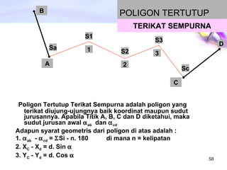 POLIGON TERTUTUP Poligon Tertutup Terikat Sempurna adalah poligon yang terikat diujung-ujungnya baik koordinat maupun sudut jurusannya. Apabila Titik A, B, C dan D diketahui, maka sudut jurusan awal   ab   dan   cd   Adapun syarat geometris dari poligon di atas adalah : 1.   ab   -   cd  =   Si - n. 180 di mana n = kelipatan 2. X C  - X d  = d. Sin   3. Y C  - Y d  = d. Cos   TERIKAT SEMPURNA A B C D 1 2 3 Sa S1 S2 S3 Sc 