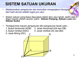 SISTEM SATUAN UKURAN Melaksanakan pengukuran dan kemudian mengerjakan hitungan  dari hasil ukuran adalah tugas juru ukur Sistem satuan yang biasa digunakan dalam ilmu ukur tanah, terdiri atas 3 (tiga) macam sistem ukuran, yakni :  Satuan Panjang ,  Satuan Luas  dan  Satuan Sudut Terdapat lima macam pengukuran dlm pengukuran tanah yaitu :  1. Sudut Horizontal (AOB) 2. Jarak Horizontal (OA dan OB) 3. Sudut Vertikal (AOC) 4. Jarak Vertikal (AC dan BD) 5. Jarak Miring (OC) D C O B A 