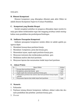 2
nerja guru.
B. Dimensi Kompetensi
Dimensi kompetensi yang diharapkan dibentuk pada akhir Diklat ini
adalah dimensi Kompetensi Supervisi Evaluasi Pendidikan.
C. Kompetensi yang Hendak Dicapai
Setelah mengikuti pelatihan ini pengawas diharapkan dapat menilai ki-
nerja guru dalam melaksanakan tugas dan tanggung jawabnya untuk mening-
katkan mutu pendidikan dan pembelajaran/bimbingan.
D. Indikator Pencapaian Kompetensi
Indikator pencapaian kompetensi melalui diklat ini adalah apabila pe-
ngawas dapat:
1. Memahami konsep dasar penilaian kinerja.
2. Memahami kompetensi, peran dan kinerja guru.
3. Menentukan tujuan, aspek-aspek penilaian kinerja guru.
4. Menyusun instrumen dan melaksanakan penilaian guru
5. Melakukan analisis data hasil penilaian.
6. Menyusun laporan dan merumuskan tindak lanjut hasil penilaian.
E. Alokasi Waktu
No. Materi Diklat Alokasi
1. Konsep dasar penilaian kinerja 1 jam
2. Kompetensi, peran dan kinerja guru 1 jam
3. Aspek-aspek dan instrumen penilaian kinerja guru 2 jam
4. Pelaksanaan penilaian dan analisis data hasil penilaian kinerja kepala
sekolah
2 jam
5. Penyusunan laporan dan tindak lanjut hasil penilaian 1 jam
F. Skenario
1. Perkenalan
2. Pejelasan tentang dimensi kompetensi, indikator, alokasi waktu dan ske-
nario pendidikan dan pelatihan penilaian kinerja guru.
3. Pre-test
 
