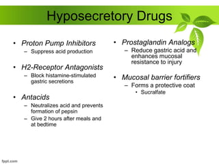 Hyposecretory Drugs
• Proton Pump Inhibitors
– Suppress acid production
• H2-Receptor Antagonists
– Block histamine-stimulated
gastric secretions
• Antacids
– Neutralizes acid and prevents
formation of pepsin
– Give 2 hours after meals and
at bedtime
• Prostaglandin Analogs
– Reduce gastric acid and
enhances mucosal
resistance to injury
• Mucosal barrier fortifiers
– Forms a protective coat
• Sucralfate
 