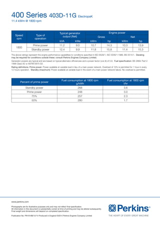 www.perkins.com
Photographs are for illustrative purposes only and may not reflect final specification.
All information in this document is substantially correct at time of printing and may be altered subsequently.
Final weight and dimensions will depend on completed specification.
Publication No. PN1910B/12/14 Produced in England ©2014 Perkins Engines Company Limited
400 Series 403D-11G ElectropaK
11.4 kWm @ 1800 rpm
The above ratings represent the engine performance capabilities to conditions specified in ISO 8528/1, ISO 3046/1:1986, BS 5514/1. Derating
may be required for conditions outside these; consult Perkins Engines Company Limited.
Generator powers are typical and are based on typical alternator efficiencies and a power factor (cos θ) of 0.8. Fuel specification: BS 2869: Part 2
1998 Class A2 or ASTM D975 D2.
Rating definitions: Prime power: Power available at variable load in lieu of a main power network. Overload of 10% is permitted for 1 hour in every
12 hours operation. Standby (maximum): Power available at variable load in the event of a main power network failure. No overload is permitted.
Speed
rpm
Type of
operation
Typical generator
output (Net)
Engine power
Gross Net
kVA kWe kWm hp kWm hp
1800
Prime power 11.2 9.0 10.7 14.3 10.3 13.9
Standby power 12.4 9.9 11.8 15.8 11.4 15.3
Percent of prime power
Fuel consumption at 1800 rpm
g/kWh
Fuel consumption at 1800 rpm
l/hr
Standby power 268 3.6
Prime power 248 3.0
75% 257 2.3
50% 280 1.7
 