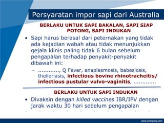 www.company.com
Persyaratan impor sapi dari Australia
BERLAKU UNTUK SAPI BAKALAN, SAPI SIAP
POTONG, SAPI INDUKAN
• Sapi harus berasal dari peternakan yang tidak
ada kejadian wabah atau tidak menunjukkan
gejala klinis paling tidak 6 bulan sebelum
pengapalan terhadap penyakit-penyakit
dibawah ini:
− ............, Q Fever, anaplasmosis, babesiosis,
theileriasis, infectious bovine rhinotracheitis/
infectious pustular vulvo-vaginitis, .............
BERLAKU UNTUK SAPI INDUKAN
• Divaksin dengan killed vaccines IBR/IPV dengan
jarak waktu 30 hari sebelum pengapalan
 