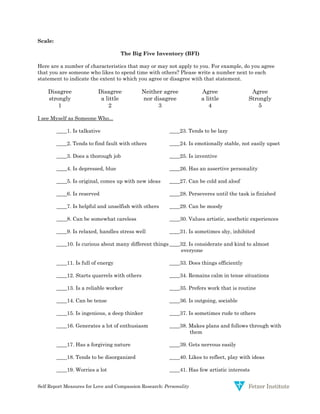 Self Report Measures for Love and Compassion Research: Personality
Scale:
The Big Five Inventory (BFI)
Here are a number of characteristics that may or may not apply to you. For example, do you agree
that you are someone who likes to spend time with others? Please write a number next to each
statement to indicate the extent to which you agree or disagree with that statement.
Disagree
strongly
Disagree
a little
Neither agree
nor disagree
Agree
a little
Agree
Strongly
1 2 3 4 5
I see Myself as Someone Who...
____1. Is talkative ____23. Tends to be lazy
____2. Tends to find fault with others ____24. Is emotionally stable, not easily upset
____3. Does a thorough job ____25. Is inventive
____4. Is depressed, blue ____26. Has an assertive personality
____5. Is original, comes up with new ideas ____27. Can be cold and aloof
____6. Is reserved ____28. Perseveres until the task is finished
____7. Is helpful and unselfish with others ____29. Can be moody
____8. Can be somewhat careless ____30. Values artistic, aesthetic experiences
____9. Is relaxed, handles stress well ____31. Is sometimes shy, inhibited
____10. Is curious about many different things ____32. Is considerate and kind to almost
everyone
____11. Is full of energy ____33. Does things efficiently
____12. Starts quarrels with others ____34. Remains calm in tense situations
____13. Is a reliable worker ____35. Prefers work that is routine
____14. Can be tense ____36. Is outgoing, sociable
____15. Is ingenious, a deep thinker ____37. Is sometimes rude to others
____16. Generates a lot of enthusiasm ____38. Makes plans and follows through with
them
____17. Has a forgiving nature ____39. Gets nervous easily
____18. Tends to be disorganized ____40. Likes to reflect, play with ideas
____19. Worries a lot ____41. Has few artistic interests
 