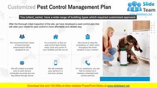 Customized Pest Control Management Plan
11
We ensure to keep the
consistency of team intact
throughout the entire
duration of your contract
For our assistance, you are
free to contact us in
between scheduled pest
control services
We recommend that a team
of three licensed
exterminators will be
assigned to you
We will contact one week
prior to each service
scheduled via email and one
day before through phone
It is crucial for us that our
pest control team knows
every nook and corner of
your facilities just like you do
We will schedule
your service in a
one-hour window
You (client_name) have a wide range of building types which required customized approach
After the thorough initial inspection of the site, we have developed a pest control plan that
will cater your needs for pest control in more affordable and reliable way
 