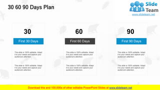 30 60 90 Days Plan
32
30
First 30 Days
This slide is 100% editable. Adapt
it to your needs and capture your
audience's attention.
This slide is 100% editable. Adapt
it to your needs and capture your
audience's attention.
60
First 60 Days
This slide is 100% editable. Adapt
it to your needs and capture your
audience's attention.
This slide is 100% editable. Adapt
it to your needs and capture your
audience's attention.
90
First 90 Days
This slide is 100% editable. Adapt
it to your needs and capture your
audience's attention.
This slide is 100% editable. Adapt
it to your needs and capture your
audience's attention.
 