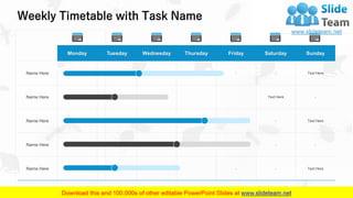 Weekly Timetable with Task Name
33
Monday Tuesday Wednesday Thursday Friday Saturday Sunday
Name Here - - Text Here
Name Here Text Here -
Name Here - - Text Here
Name Here - - -
Name Here - - Text Here
 