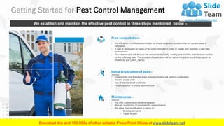 Getting Started for Pest Control Management
7
We establish and maintain the effective pest control in three steps mentioned below –
Free consultation –
› We will send a certified exterminator for onsite inspection to determine the current state of
infestation.
› A plan is developed on basis of ten-point checklist in order to create and maintain a pest free
environment.
› The exterminator will discuss the recommended daily, weekly and monthly maintenance routine
for the following year. The process of eradication will be taken into action once the program is
chosen by you (client_name).
Maintenance –
› We offer customized maintenance plan
› Regular monitoring of properties by exterminators
› We allow plan modification in terms of –
• Building demands
• Types of pest
Initial eradication of pest –
› Experienced and licensed team of exterminators will perform eradication
› Several onsite visits
› Use of standardized pesticides
› Final inspection to insure pest removal
 