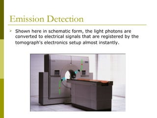 Emission Detection
 Shown here in schematic form, the light photons are
converted to electrical signals that are registered by the
tomograph's electronics setup almost instantly.
 