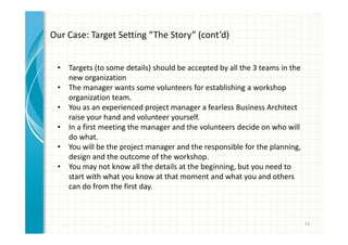 11 
Our Case: Target Setting “The Story” (cont’d) 
• Targets (to some details) should be accepted by all the 3 teams in the 
new organization 
• The manager wants some volunteers for establishing a workshop 
organization team. 
• You as an experienced project manager a fearless Business Architect 
raise your hand and volunteer yourself. 
• In a first meeting the manager and the volunteers decide on who will 
do what. 
• You will be the project manager and the responsible for the planning, 
design and the outcome of the workshop. 
• You may not know all the details at the beginning, but you need to 
start with what you know at that moment and what you and others 
can do from the first day. 
 