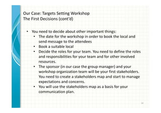 14 
Our Case: Targets Setting Workshop 
The First Decisions (cont’d) 
• You need to decide about other important things: 
• The date for the workshop in order to book the local and 
send message to the attendees 
• Book a suitable local 
• Decide the roles for your team. You need to define the roles 
and responsibilities for your team and for other involved 
resources. 
• The sponsor (in our case the group manager) and your 
workshop organization team will be your first stakeholders. 
You need to create a stakeholders map and start to manage 
expectations and concerns. 
• You will use the stakeholders map as a basis for your 
communication plan. 
 