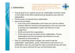 16 
1. Stakeholders 
"The only way the world will ever be a safe place to 
express our full uniqueness is if we can learn 
together that your view need not pose a threat to 
mine.“ Susan Campbell 
• If we go back to our method, we put our stakeholders and their needs 
in the middle of the PDCA method and we decided to start with the 
stakeholders. 
• The first step is to identify these stakeholders. 
• Some main principles: 
• If you have many stakeholders and if there are risks for conflicts 
between different interests and expectations, then you may need 
to analyze your stakeholders’ power and influence in your 
assignment. 
• Clarify and meet their expectations 
• At the end you may not satisfy all your stakeholders. The key 
stakeholders with the most power and influence are very 
important to concentrate on. 
• Then as a workshop project manager, you need to map the 
stakeholders’ expectations, needs, requirements and concerns in a 
stakeholders map. You may keep the map to yourself, but you will need 
to use the map as direction for your communication plan. 
 