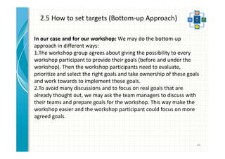 40 
2.5 How to set targets (Bottom-up Approach) 
In our case and for our workshop: We may do the bottom-up 
approach in different ways: 
1.The workshop group agrees about giving the possibility to every 
workshop participant to provide their goals (before and under the 
workshop). Then the workshop participants need to evaluate, 
prioritize and select the right goals and take ownership of these goals 
and work towards to implement these goals. 
2.To avoid many discussions and to focus on real goals that are 
already thought out, we may ask the team managers to discuss with 
their teams and prepare goals for the workshop. This way make the 
workshop easier and the workshop participant could focus on more 
agreed goals. 
 