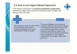 41 
2.5 How to set targets (Mixed Approach) 
In the reality a mix between the top-down and bottom-up approaches 
could be very helpful way to obtain the satisfaction of the managers and 
the buy-in from the team. 
Easy to get buy-in from the team. Teams 
are involved (to certain level) in 
creating, identifying and of course 
selecting/prioritising the targets. 
The main challenge is to prioritise and 
select the right goals that could be agreed, 
committed and owned by the teams. The 
risk is that the group need to choose 
between many different targets (if we 
assume that every workshop participant or 
team provide one or more targets in 
additional to the manager’s targets (the 
gross list). 
 