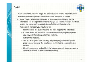 5 Act 
As we saw in the previous page, the below success criteria was not fulfilled. 
All the targets are explained and braked down into main activities. 
– Some Targets where not explained in an understandable way for the 
attendees, see the agenda number 5 in page 56. The responsible for these 
targets got homework to update the definition of these targets. 
– As a project manager you may have to: 
– Communicate the outcomes and the next steps to the attendees 
– If some teams did not make their homework in a proper way, then 
you may ask them to update their material. 
– Publish the material. 
– This is a manager’s task; creating a system (way) to follow up the 
progress and keeping the employees motivated to accomplish the 
targets. 
– Identify, document and publish the lessons learned. You may need to 
ask the attendees to evaluate the workshop. 
60 
 