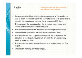 • As we maintained in the beginning the purpose of the workshop 
was to allow the members of the teams to know each other and to 
identify the targets and execute these targets in 100 days. 
• The owner of the workshop has the ambition to continue and 
follow up the execution of these targets. 
• The countdown starts the day after conducting the workshop. 
• We decided to place our A3s in a war-room in our floor. 
• The responsible for a target should update the progress of the 
activities in the target. He/she will present the progress every 
week at a certain time. 
• The responsible could be asked anytime to report about her/his 
target. 
• We are still working on these targets. 
61 
“Strategy is 10 per cent vision and 90 per 
cent execution.” Percy Barnevik 
Finally 
 