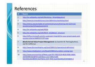 References 
ID Source 
1 http://en.wikipedia.org/wiki/Workshop_(disambiguation) 
2 http://www.businessdictionary.com/definition/workshop.html 
3 http://ctb.ku.edu/en/table-of-contents/structure/training-and-technical-assistance/ 
workshops/powerpoint 
4 http://en.wikipedia.org/wiki/PDCA 
5 http://en.wikipedia.org/wiki/Work_breakdown_structure 
6 http://office.microsoft.com/en-us/project-help/define-your-project-goals-and-success- 
criteria-HA001211137.aspx 
7 (Book) Earned Value Project Management: by Quentin W. Fleming(Author), 
Joel M. Koffleman 
8 http://www.discover6sigma.org/post/2005/11/operational-definition/ 
9 http://www.reliableplant.com/Read/22984/a3-problem-solving-lean 
10 http://www.envirocentre.ie/News.aspx?ID=79D21E24-862B-4685-A66A- 
2D7059FB72E2PID=a257bece-c1e7-464a-9cd0- 
fde10d3a18c3NID=0a37b63a-2c87-459e-bae8-8e089a455936M=2 
62 
 