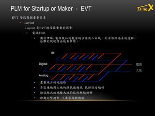 EVT 階段幾個重要因素
• Layout
Layout 是EVT階段最重要的因素.
• 電源和地
• 溝渠理論: 電源就如同乾淨的水源流入系統，此水源經過系統後將一些
髒的訊號借由地來排除。
• 盡量減少接地迴路
• 各區塊地對大地的阻抗值越低, 抗雜訊力越好
• 雜訊越大的地離大地的路徑越短越好
• 地越完整越好, 不要零零散散的
PLM for Startup or Maker - EVT
電源
大地
RF
Digital
Analog
 