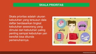 SKALA PRIORITAS
m
g
Skala prioritas adalah ukuran
kebutuhan yang tersusun dala
daftar berdasarkan tingkat
kebutuhan seseorang yang
dimulai dari kebutuhan paling
penting sampai kebutuhan yan
bersifat bisa ditunda
pemenuhannya.
PENDIDIKAN EKONOMI
 