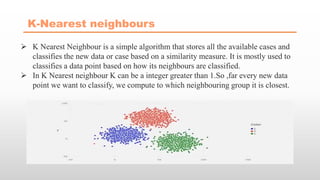 K-Nearest neighbours
 K Nearest Neighbour is a simple algorithm that stores all the available cases and
classifies the new data or case based on a similarity measure. It is mostly used to
classifies a data point based on how its neighbours are classified.
 In K Nearest neighbour K can be a integer greater than 1.So ,far every new data
point we want to classify, we compute to which neighbouring group it is closest.
 