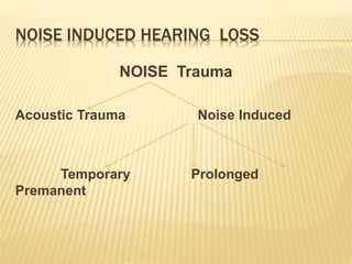 NOISE INDUCED HEARING LOSS
NOISE Trauma
Acoustic Trauma Noise Induced
Temporary Prolonged
Premanent
 