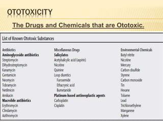 OTOTOXICITY
The Drugs and Chemicals that are Ototoxic.
 Aminoglycoside Anitibiotics
 Cisplatan
 Salicylates
 Quinine
 Diueritics like fursemide, bumetide
 Macrolide antibiotics
 Glycopeptide Antibiotics Vencomycine
 