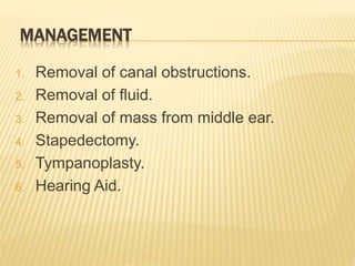 MANAGEMENT
1. Removal of canal obstructions.
2. Removal of fluid.
3. Removal of mass from middle ear.
4. Stapedectomy.
5. Tympanoplasty.
6. Hearing Aid.
 