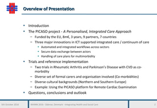 5th October 2016 WHINN 2016 - Odense, Denmark - Integrating Health and Social Care 2
Overview of PresentationOverview of Presentation
• Introduction
• The PICASO project - A Personalised, Integrated Care Approach
– Funded by the EU, 8m€, 3 years, 9 partners, 7 countries
– Three major innovations in ICT supported integrated care / continuum of care
• Automated and integrated workflows across sectors
• Secure data exchange between actors
• Handling of care plans for multimorbidity
• Trials and reference implementation
– Two trials in Rheumatic Arthritis and Parkinson’s Disease with CVD as co-
morbidity
– Diverse set of formal carers and organisation involved (Co-morbidities)
– DIverse cultural backgrounds (Northern and Southern Europe)
– Example: Using the PICASO platform for Remote Cardiac Examination
• Questions, conclusions and outlook
 