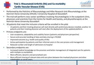 5th October 2016 WHINN 2016 - Odense, Denmark - Integrating Health and Social Care 22
Trial 1: Rheumatoid Arthritis (RA) and Co-morbidityTrial 1: Rheumatoid Arthritis (RA) and Co-morbidity
Cardio Vascular Disease (CVD)Cardio Vascular Disease (CVD)
• Performed by the Policlinic of Rheumatology and Hiller Research Unit Rheumatology at the
Heinrich-Heine-University (HHUD) / University Hospital of Düsseldorf.
• The trial will perform cross-sector workflows involving rheumatologists in the outpatient clinic,
physicians and scientists from the Centre for Health and Society, and physiotherapists at the
Heinrich-Heine-University Düsseldorf.
• 30 patients that meet the inclusion criteria will be enrolled in the pilot
– 15 patients and their treating physician will start directly with preliminary devices installed, another 15
patients and their treating physician will start after the deployment of the updated platform
• Primary endpoints are:
– User acceptance, adaptability and usability factors (patients and physicians perspective)
– Secure and accurate handling of data and data sharing in PICASO
– Improved outcome (e.g. health and quality of life)
– Active participation by patients and their informal carers in the care process and management
– Reduced number and length of admissions to hospital
• Secondary endpoints are:
– Increased medical knowledge on the provision and better management of integrated care for patients
with multiple co-morbidities
– More efficient, dynamic and personalised care
– More efficient sharing of relevant data and care plans between the involved physicians and other
stakeholders as social carers.
 