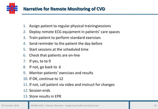 5th October 2016 WHINN 2016 - Odense, Denmark - Integrating Health and Social Care 24
Narrative for Remote Monitoring of CVDNarrative for Remote Monitoring of CVD
1. Assign patient to regular physical trainingsessions
2. Deploy remote ECG equipment in patients’ care spaces
3. Train patient to perform standard exersises
4. Send reminder to the patient the day before
5. Start sessions at the scheduled time
6. Check that patients are on-line
7. If yes, to to 9
8. If not, go back to 6
9. Monitor patients’ exercises and results
10. If OK, continue to 12
11. If not, call patient via video and instruct for changes
12. Session ends
13. Store results in EPR
 